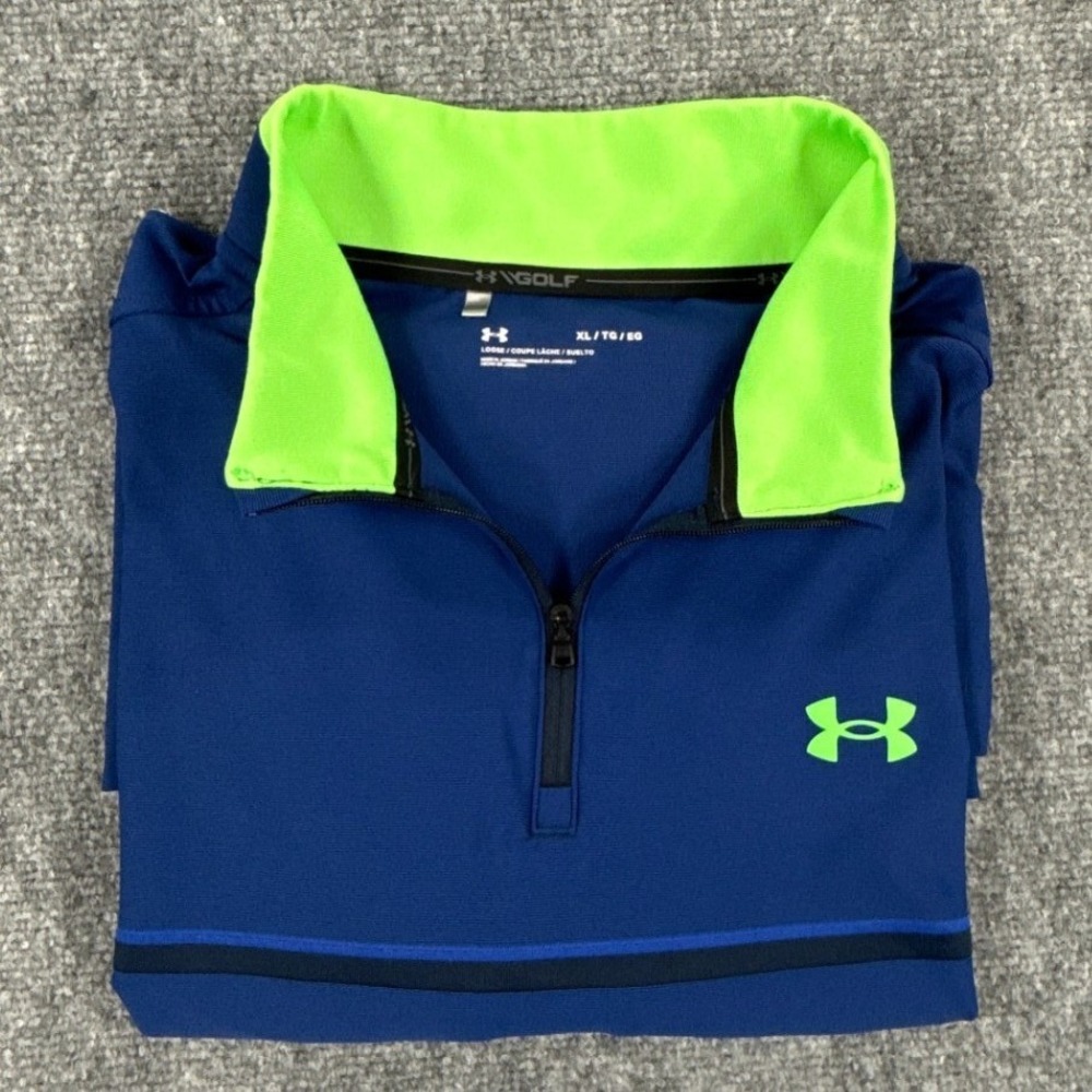 Under Armour Golf Quarter Zip Mens XL Blue Lime Green Loose Fit Pullover